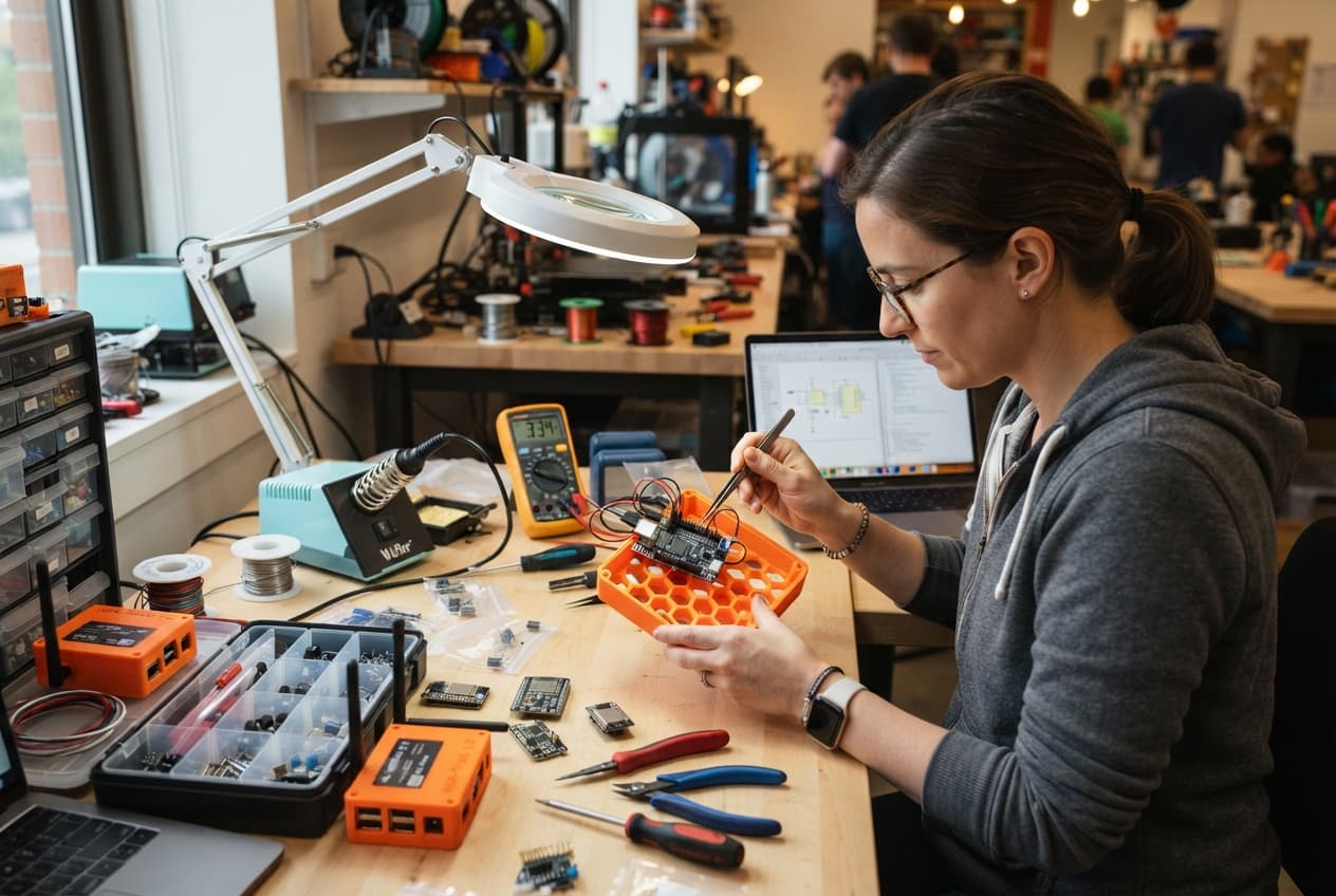 A specialist working at an electronics and print-prep workbench